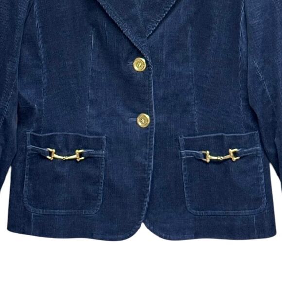 Talbots Stretch Corduroy Equestrian Blazer Jacket Navy Gold Horse Bit Size 4P - Picture 5 of 10